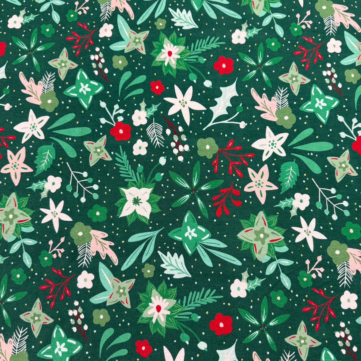 Winter Floral on Green Bamboo/Spandex Jersey Fabric - 200GSM