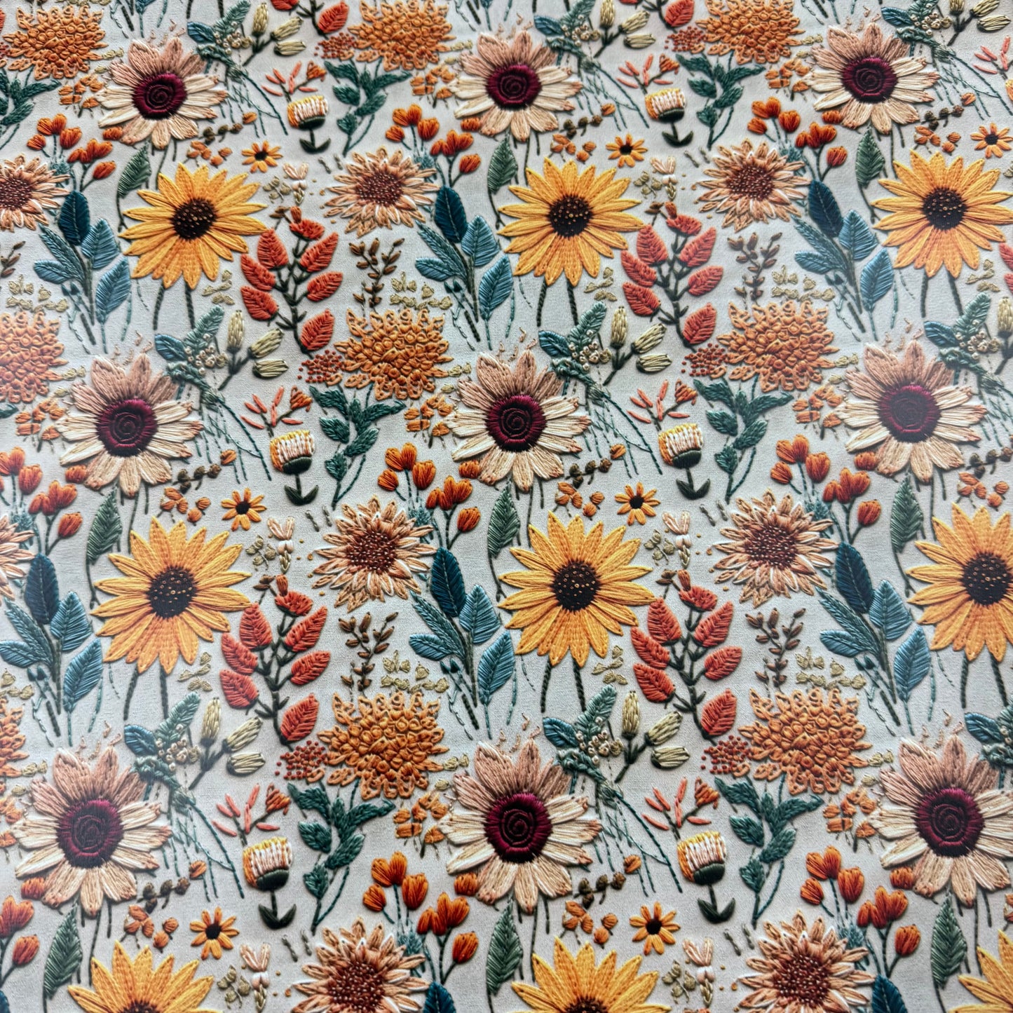 Embroidered Sunflowers on Smooth Vinyl Fabric