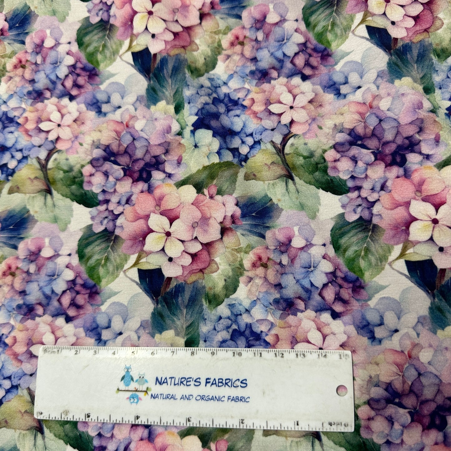 Watercolor Hydrangeas on Bamboo/Spandex Jersey Fabric