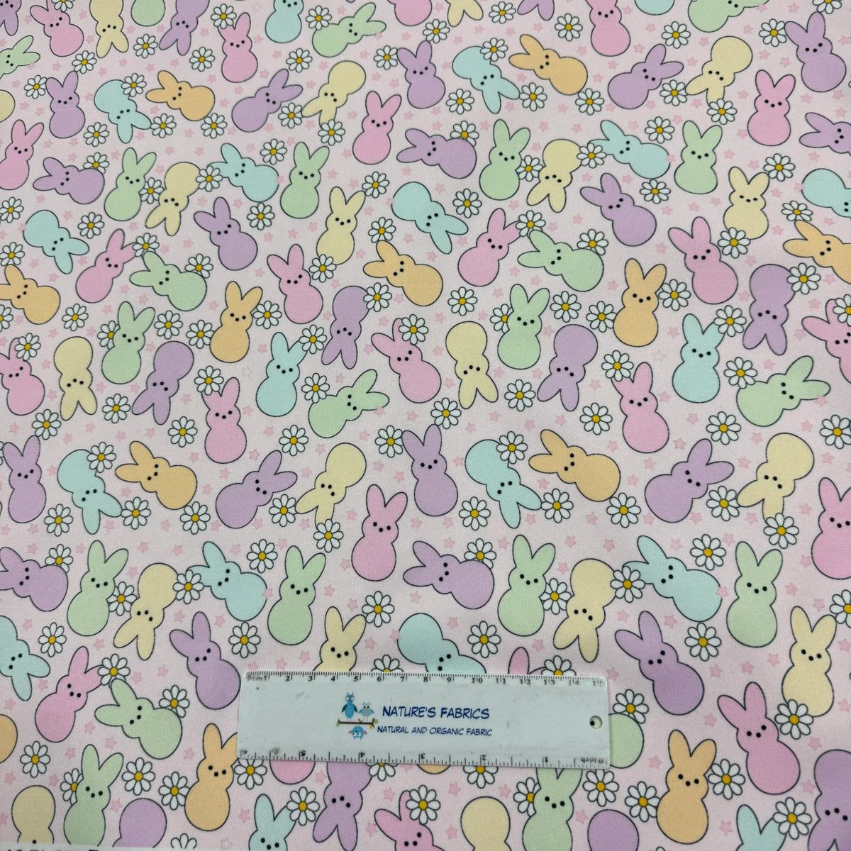 Pastel Easter bunny and daisy print fabric by Nature's Fabrics, organic cotton by the yard