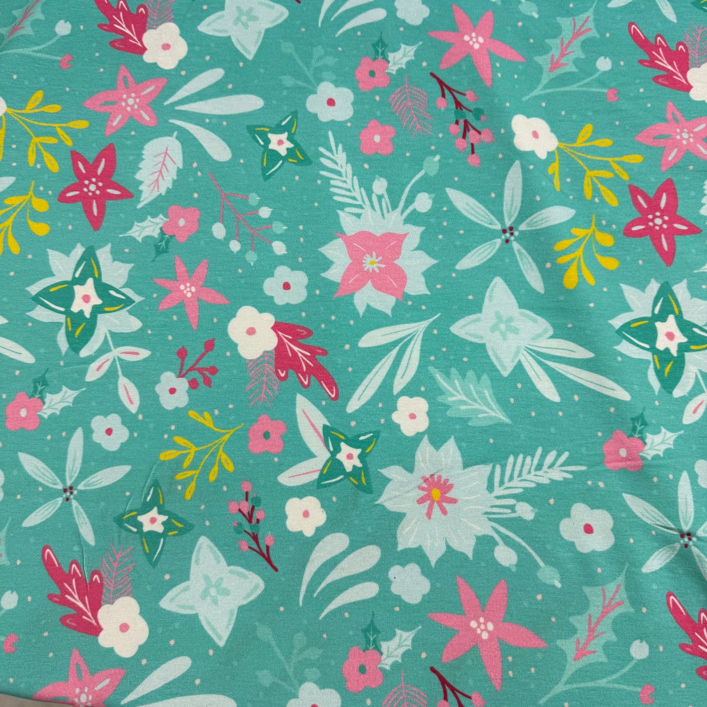 Winter Flowers on Teal Bamboo/Spandex Jersey Fabric - Printed in the USA
