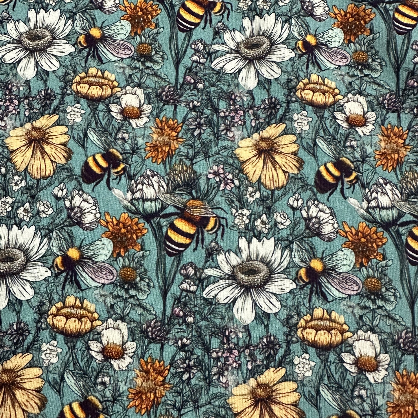 Pen and Ink Bee Garden on Bamboo Stretch French Terry Fabric