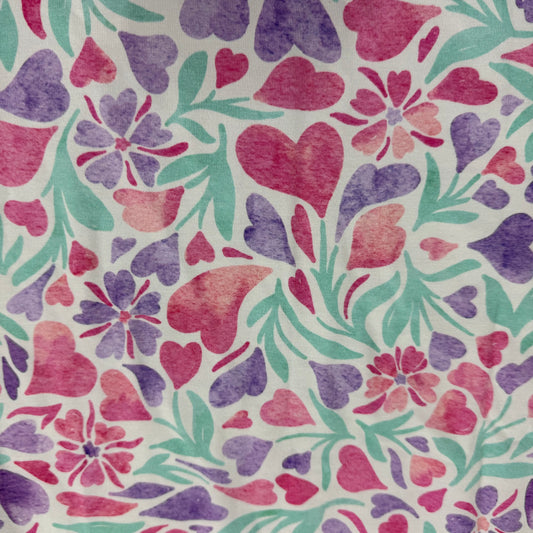 Pink and Purple Hearts and Flowers on Bamboo/Spandex Jersey Fabric - 200 GSM
