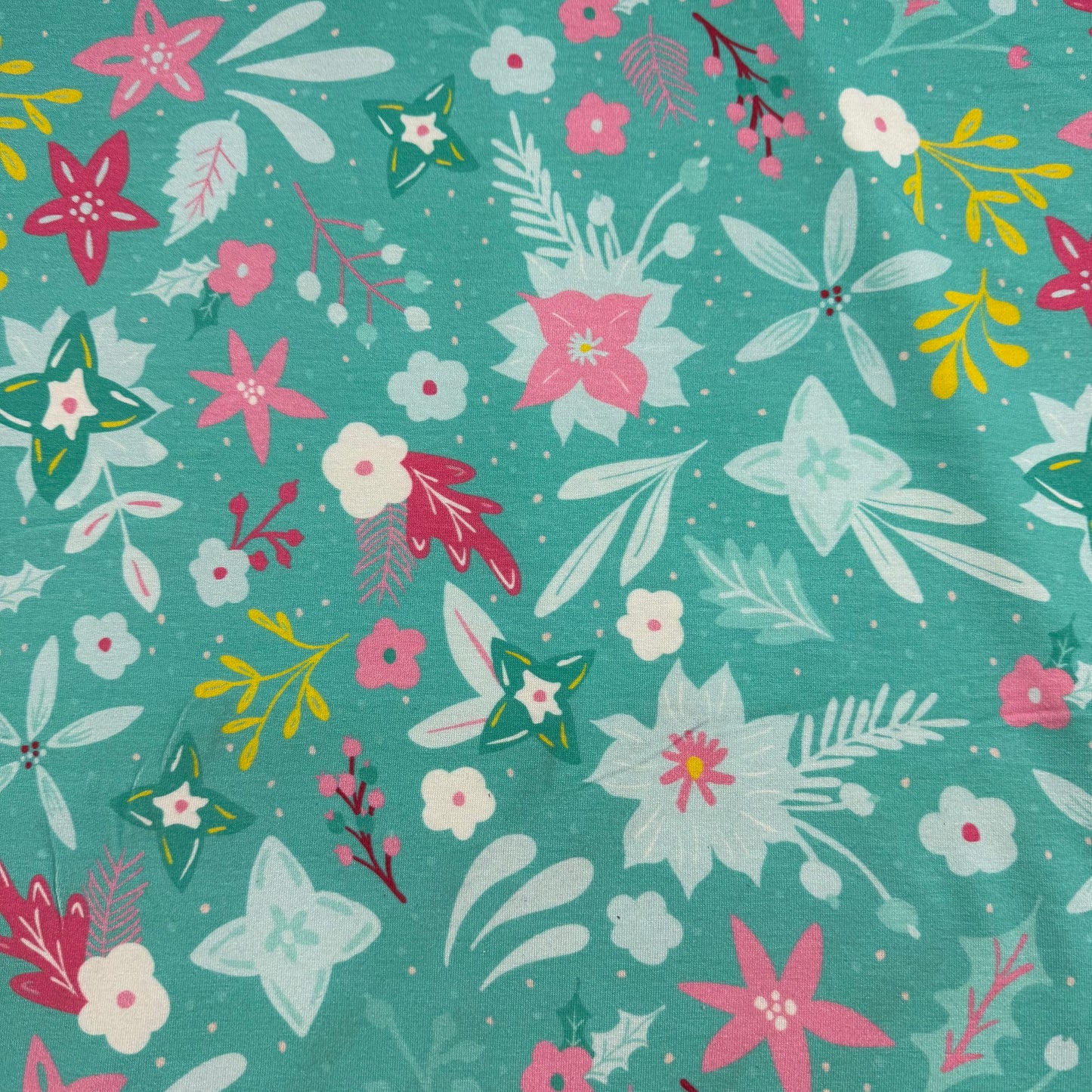Winter Flowers on Teal Bamboo/Spandex Jersey Fabric - Printed in the USA