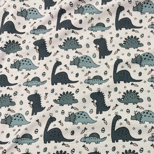 Cute dinosaur print fabric with carrots, eggs, stars — Nature's Fabrics organic cotton by the yard