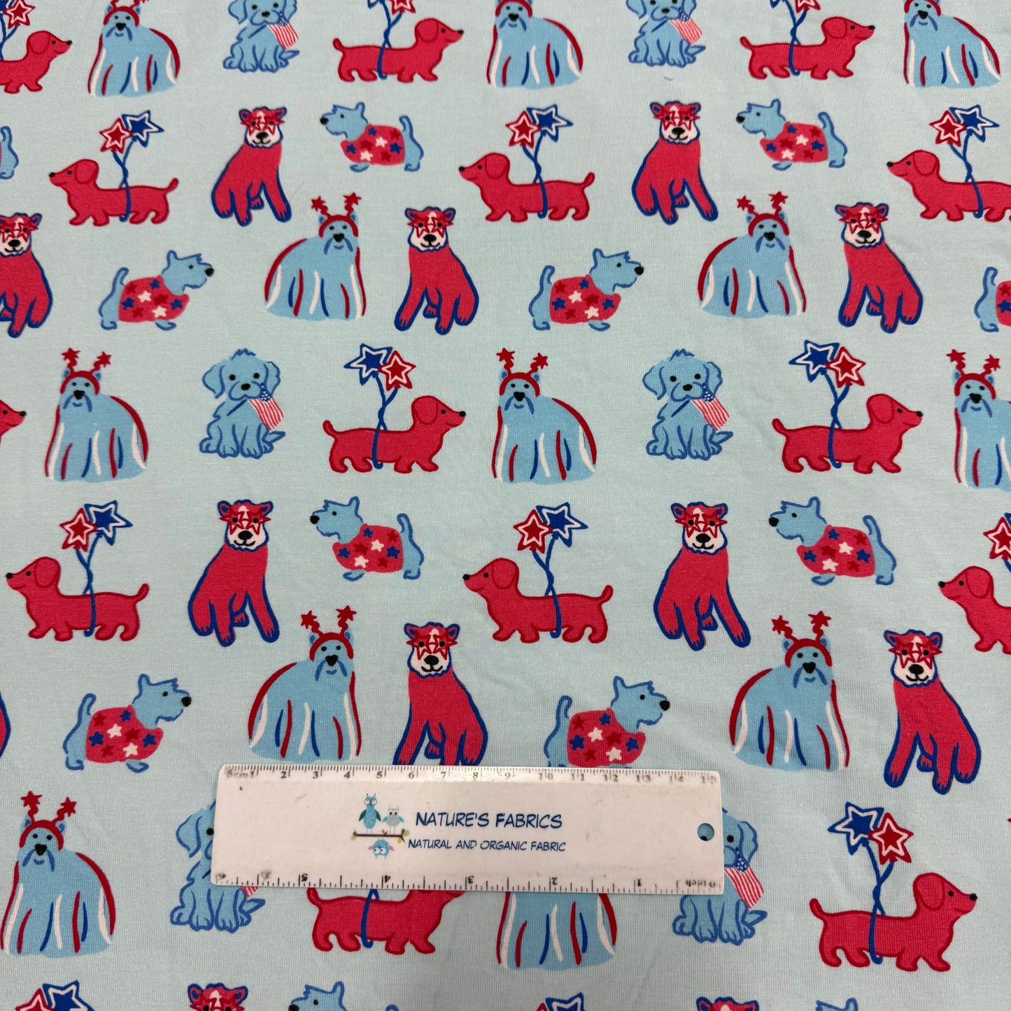 Patriotic Dogs on Blue Bamboo/Spandex Jersey Fabric - 200 GSM