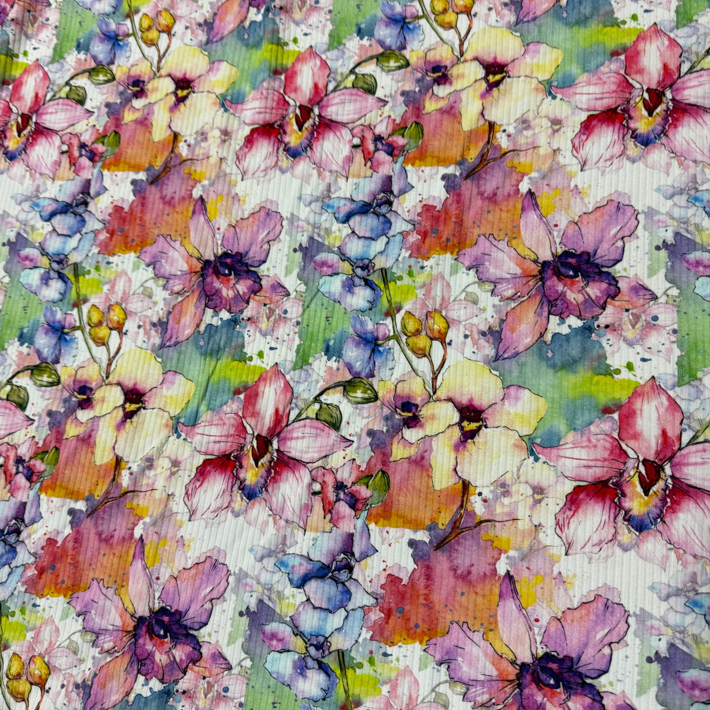 Wild Orchids on Bamboo/Spandex Rib Knit Fabric