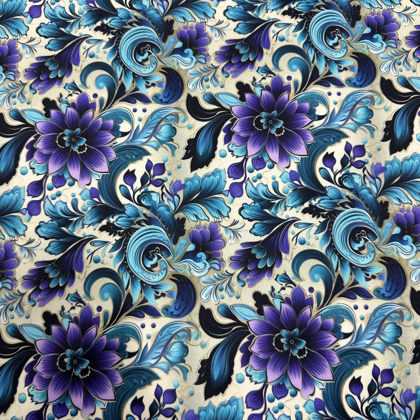 Purple and Aqua Floral on Cream 1 mil PUL Fabric - Made in the USA