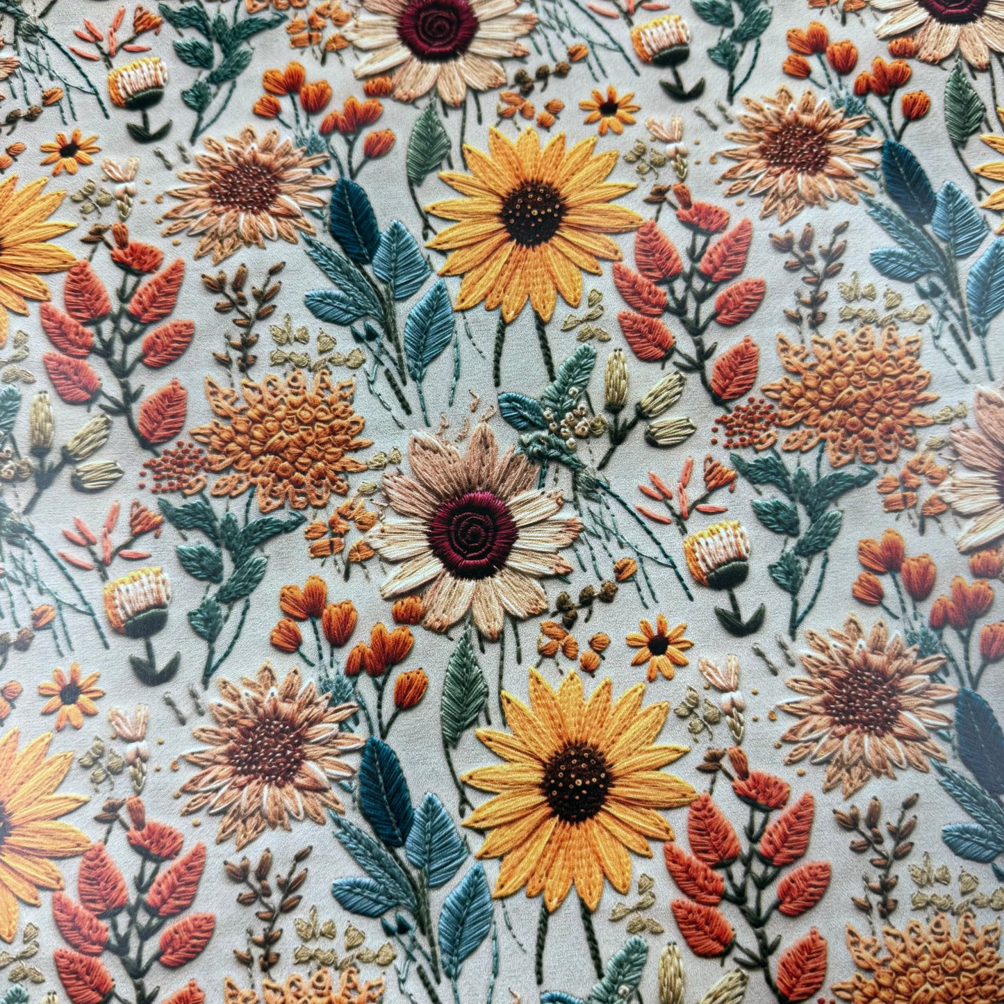 Embroidered Sunflowers on Smooth Vinyl Fabric