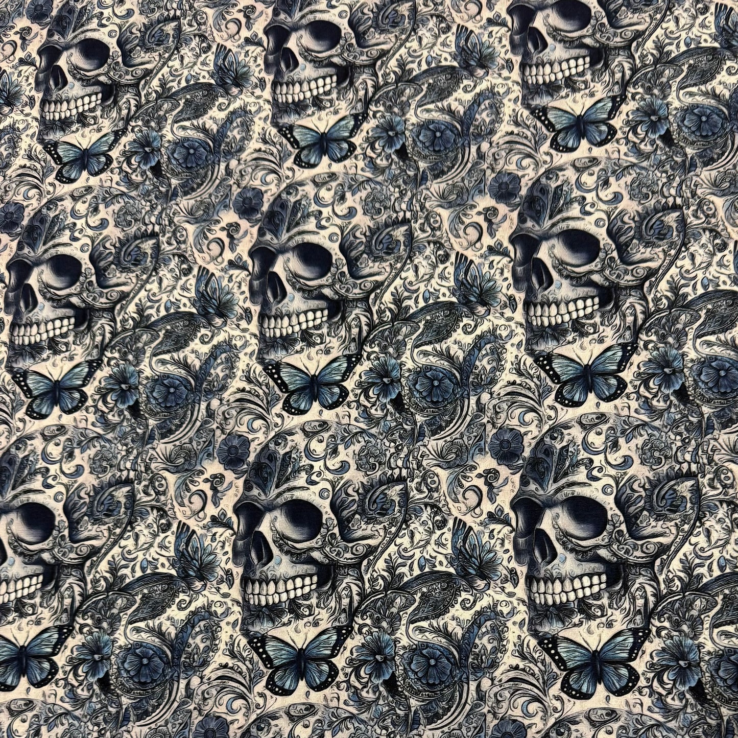 Blue Floral Skulls on Organic Cotton/Spandex Jersey Fabric