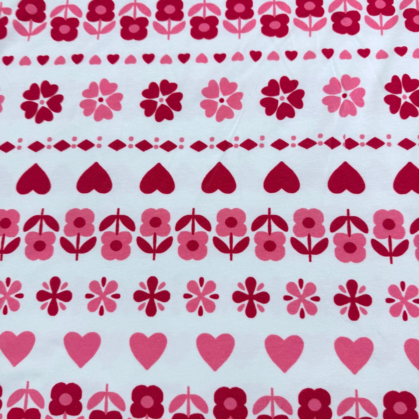 Pink Hearts and Daisies on Off White Bamboo/Spandex Jersey Fabric - Printed in the USA
