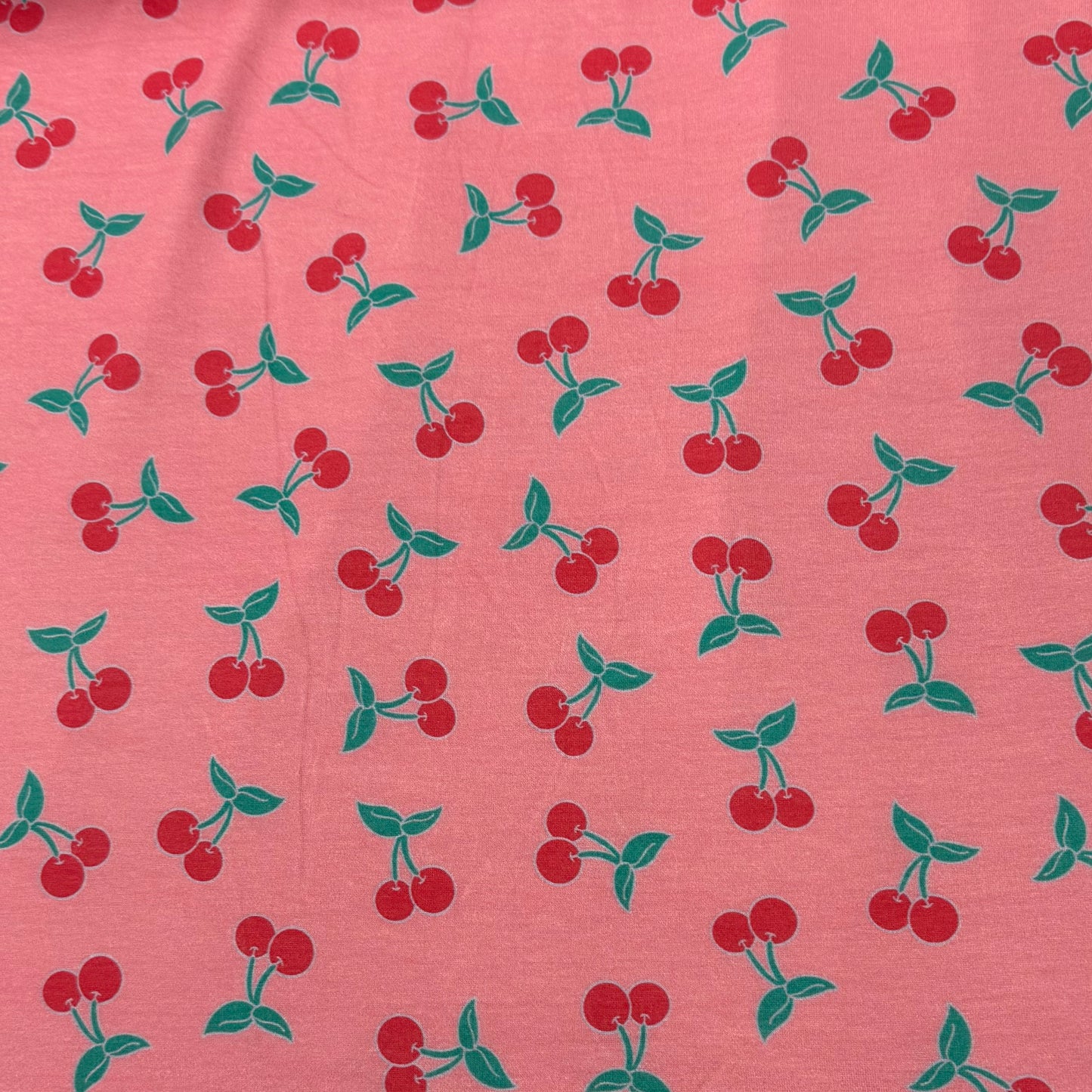 Cherries on Pink Bamboo/Spandex Jersey Fabric - Printed in the USA