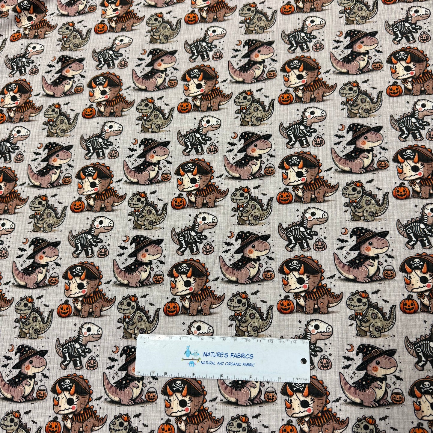 Halloween Dinos on Bamboo/Spandex Rib Knit Fabric