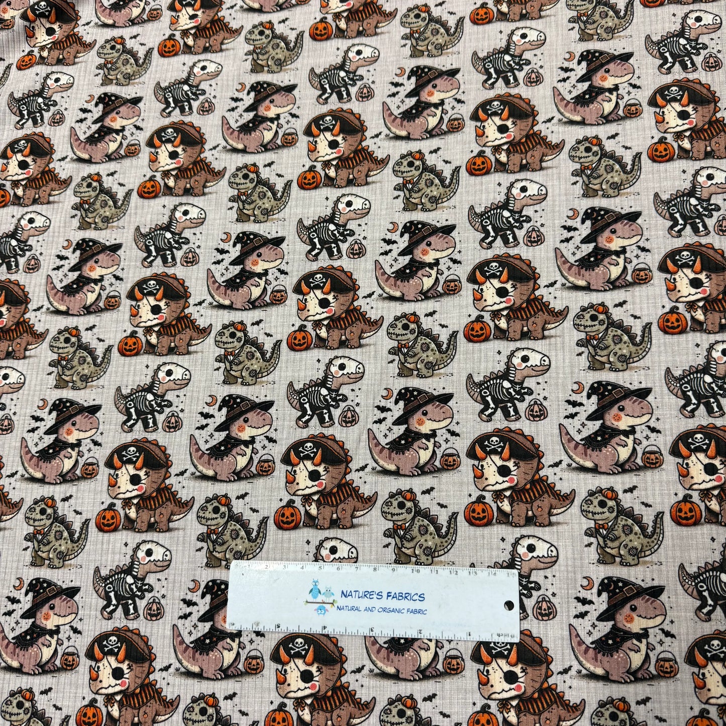 Halloween Dinos on Bamboo/Spandex Rib Knit Fabric