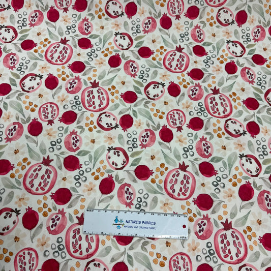 Pomegranate print organic cotton fabric by Nature's Fabrics, eco-friendly natural textile with vibrant fruit design