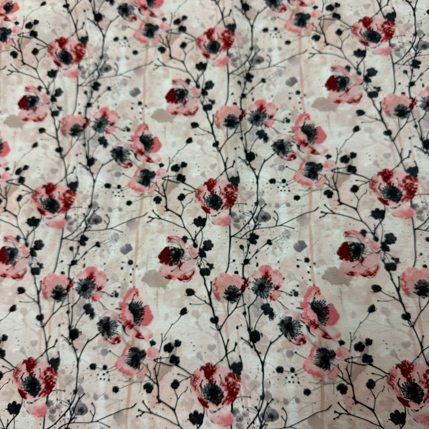 Red and Tan Blossoms on Bamboo Stretch French Terry Fabric