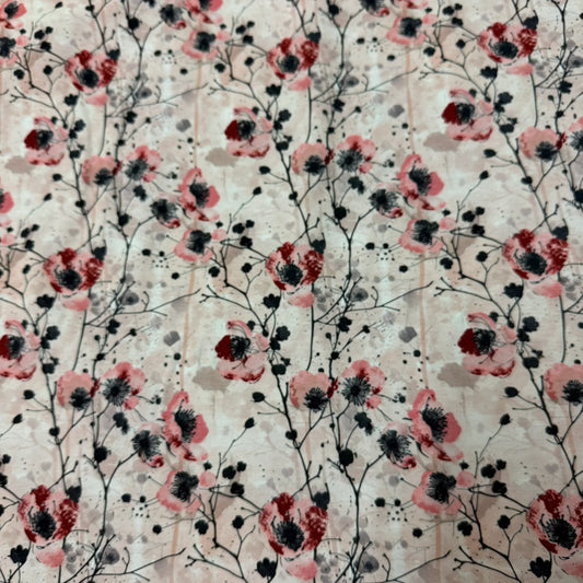 Nature's Fabrics floral print fabric featuring red and pink poppies on a light beige background