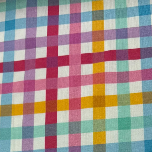 Colorful pink, purple, and yellow plaid natural fabric from Nature's Fabrics.