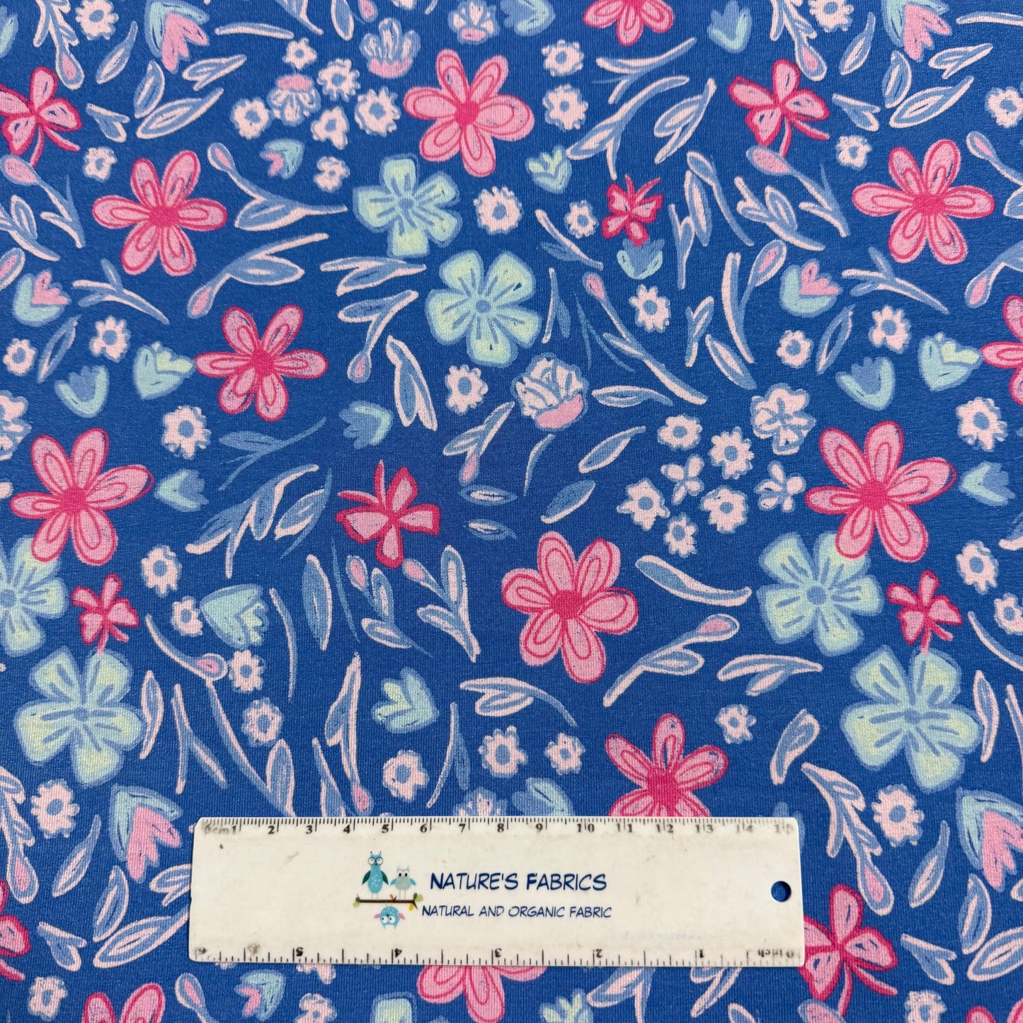 Pink and Blue Floral on Blue Bamboo/Spandex Jersey Fabric - 200GSM