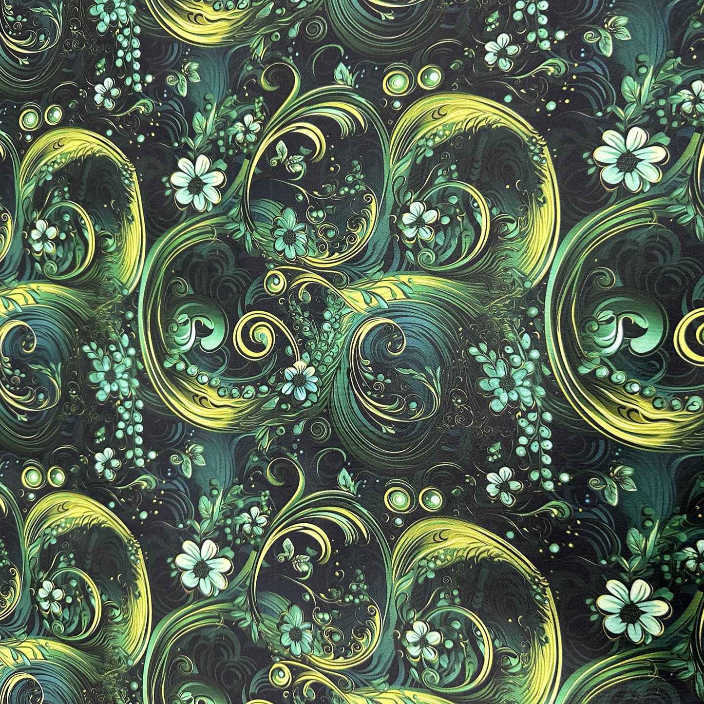 Green Flowery Swirls 1 mil PUL Fabric - Made in the USA