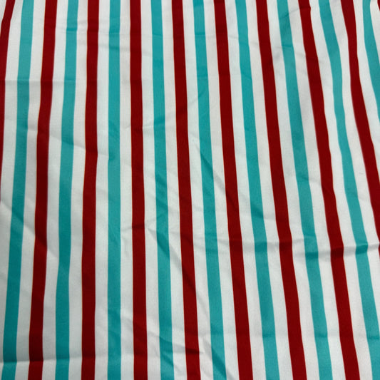 Nature's Fabrics red, teal, and white vertical striped natural fabric.
