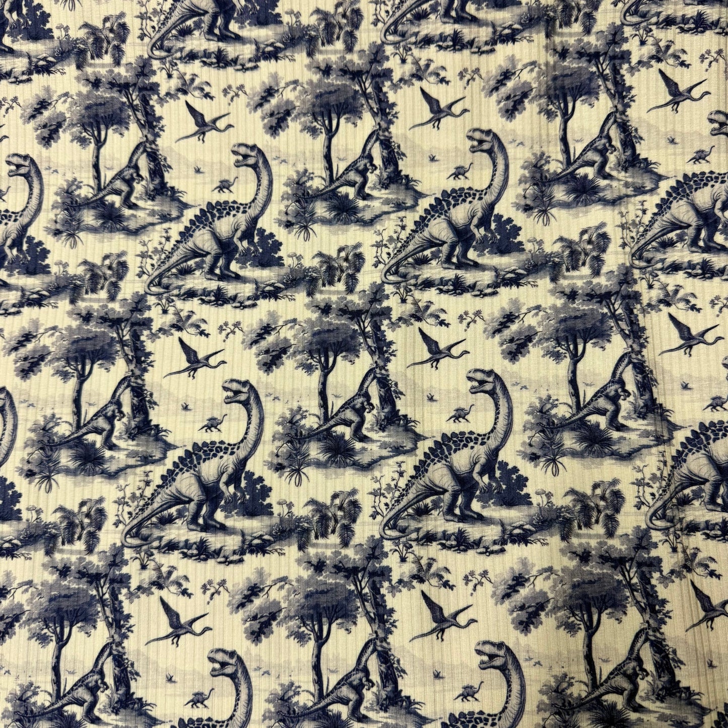 Blue Dino Toile on Bamboo/Spandex Rib Knit Fabric