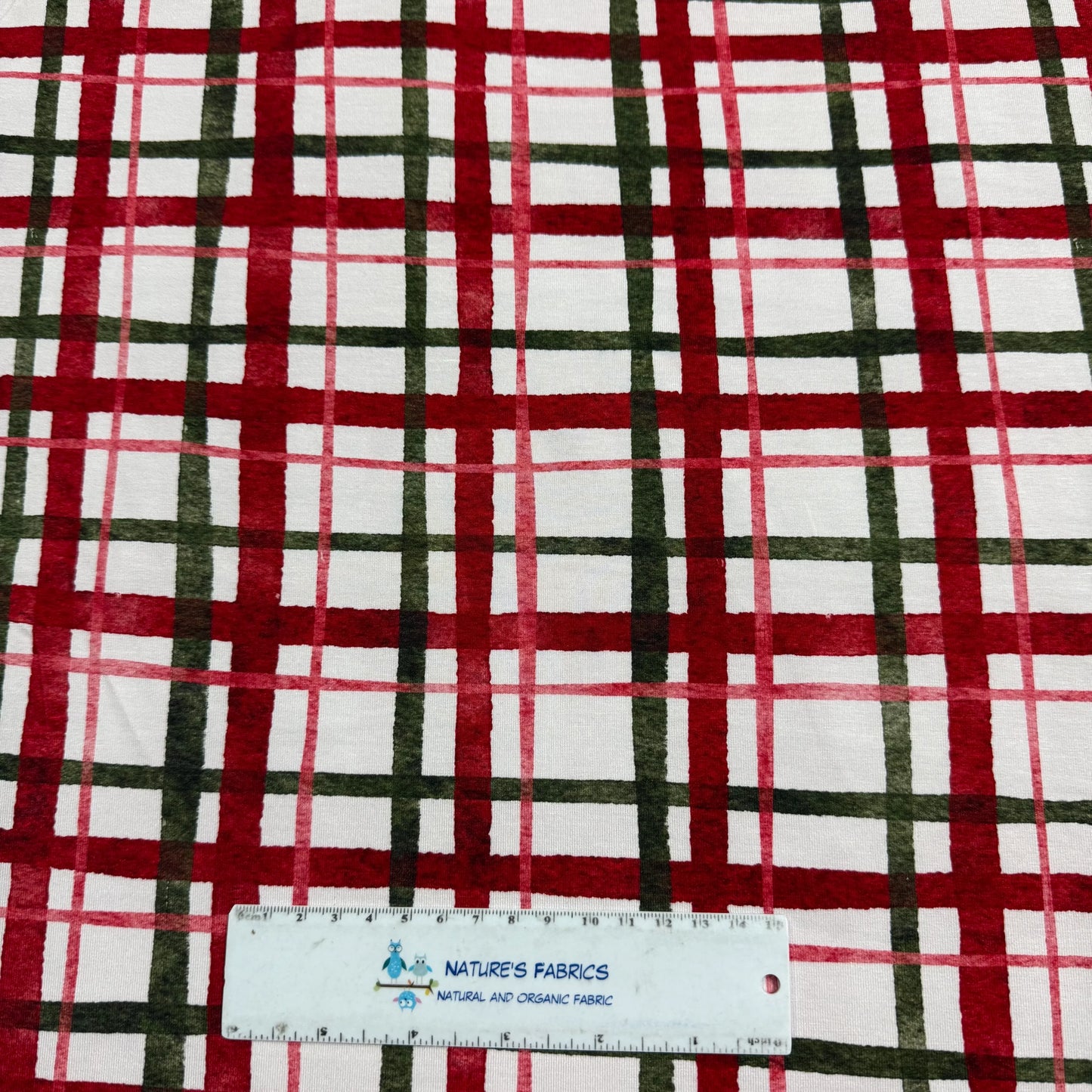 Red and Green Plaid on White Bamboo/Spandex Jersey Fabric - 200GSM