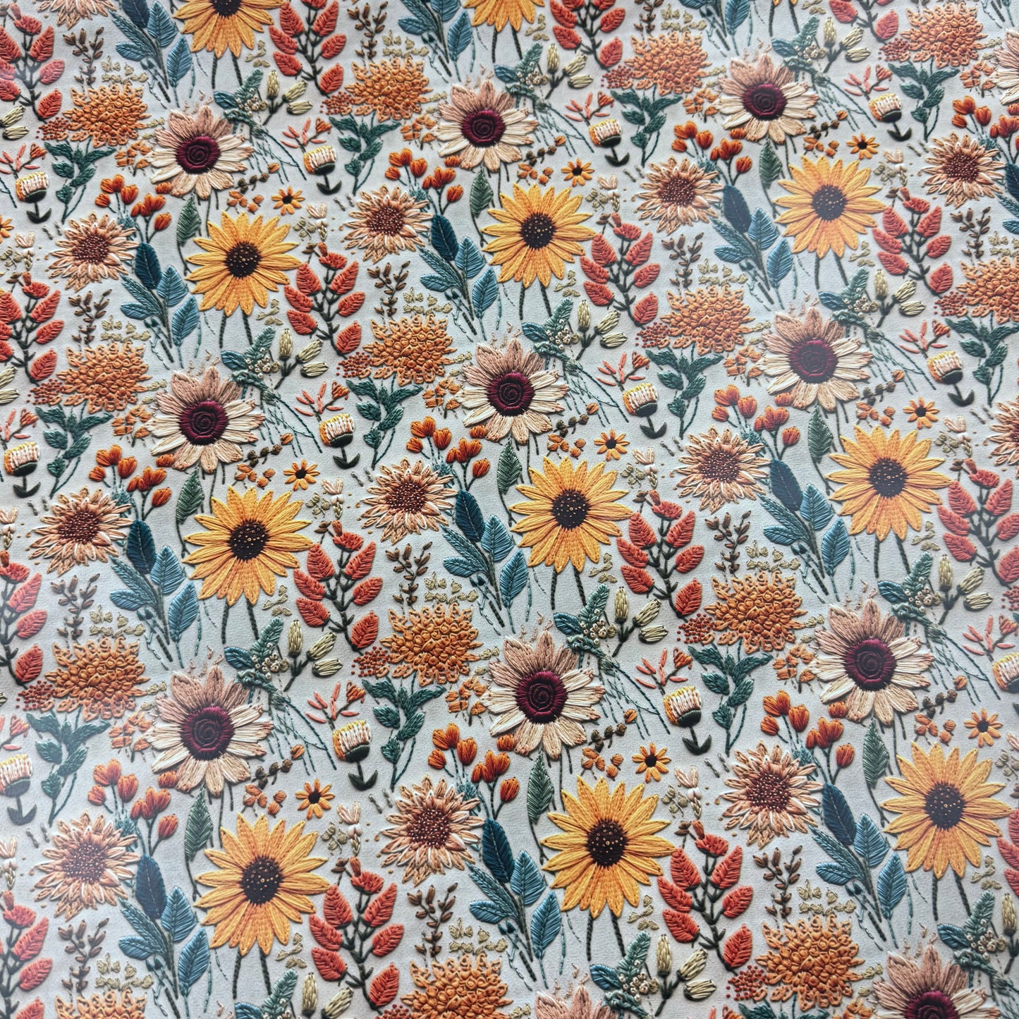 Embroidered Sunflowers on Smooth Vinyl Fabric
