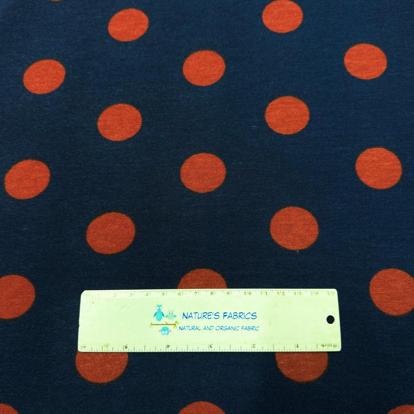 Dark Red Dots on Navy Cotton/Spandex Jersey Fabric