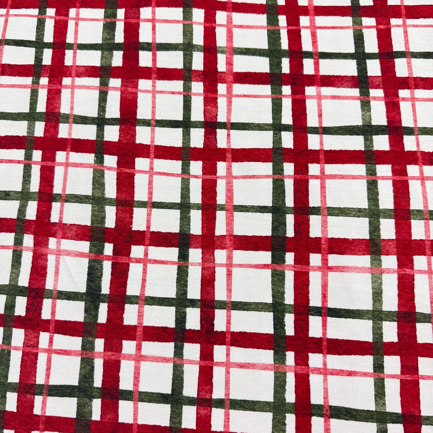 Red and Green Plaid on White Bamboo/Spandex Jersey Fabric - 200GSM