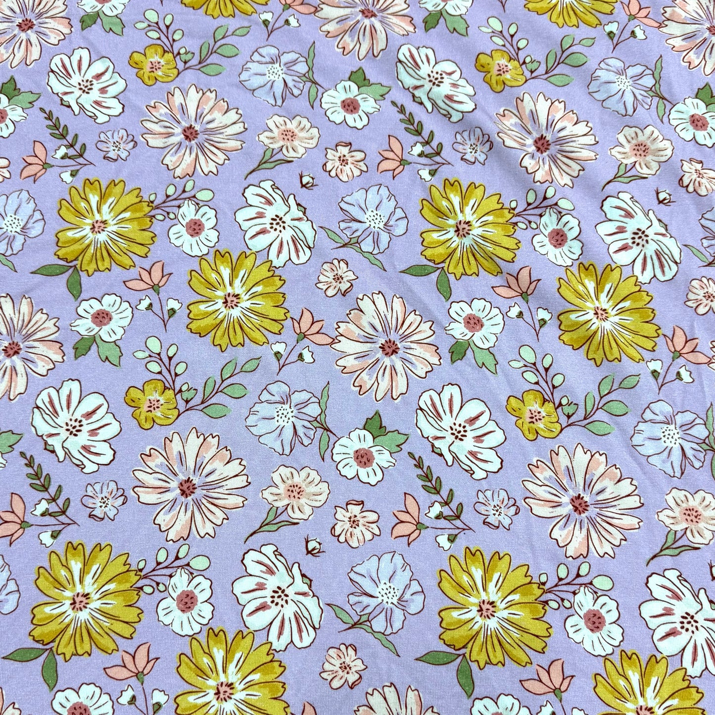 Pink and Yellow Flowers on Purple Bamboo/Spandex Jersey Fabric - 200 GSM