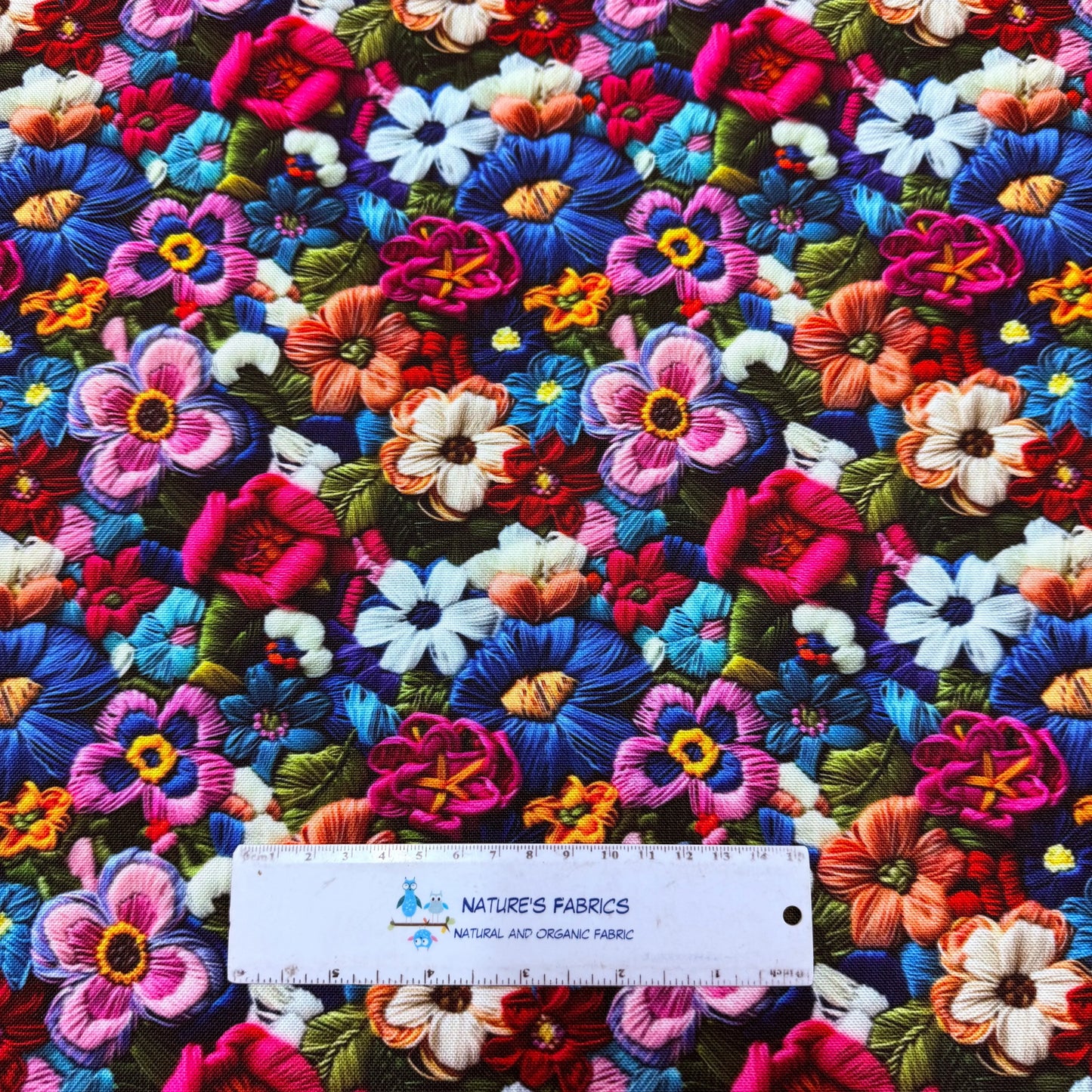 Embroidered Bright Flowers on Canvas Fabric - Waterproof