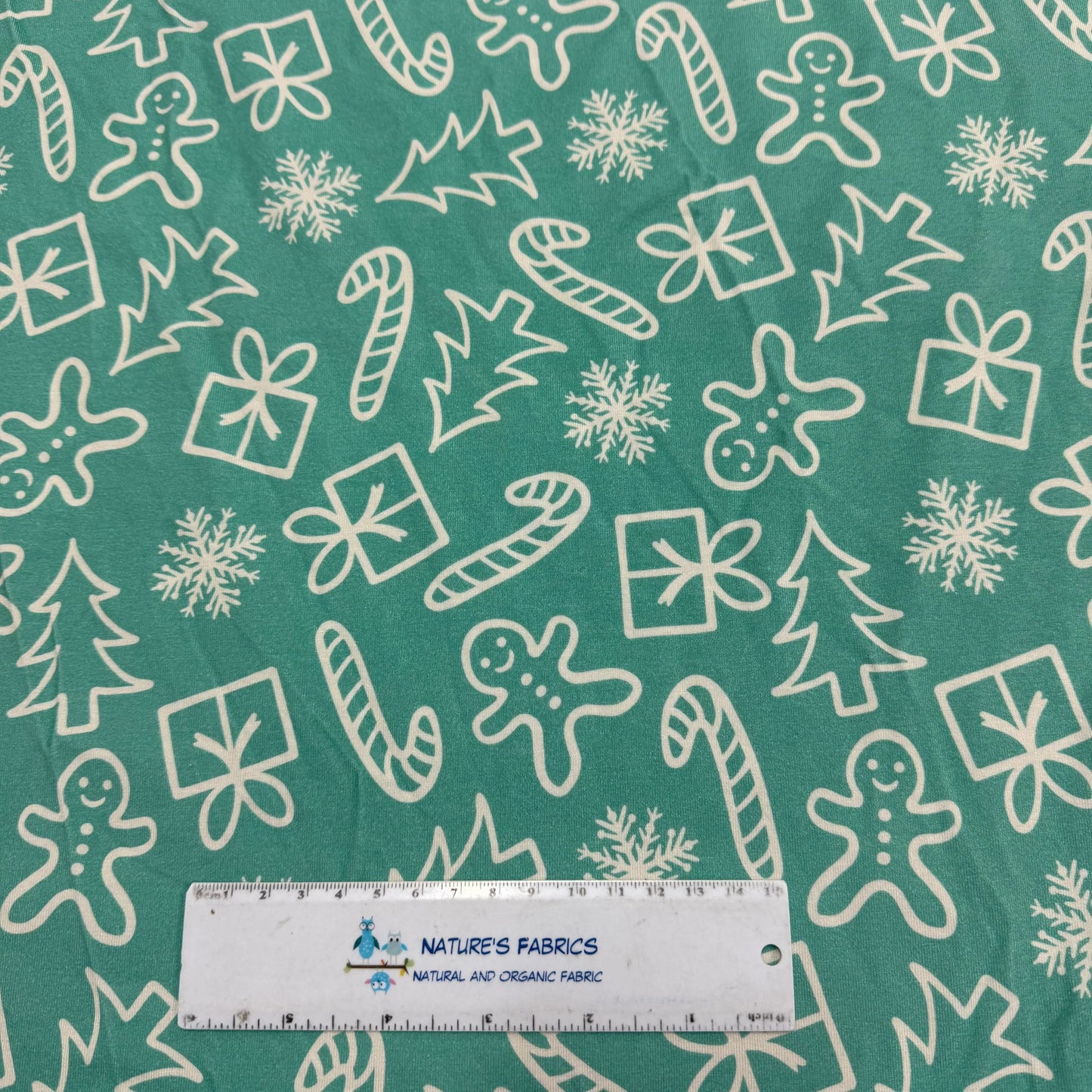 Holiday Shapes on Seafoam Bamboo/Spandex Jersey Fabric - 200 GSM