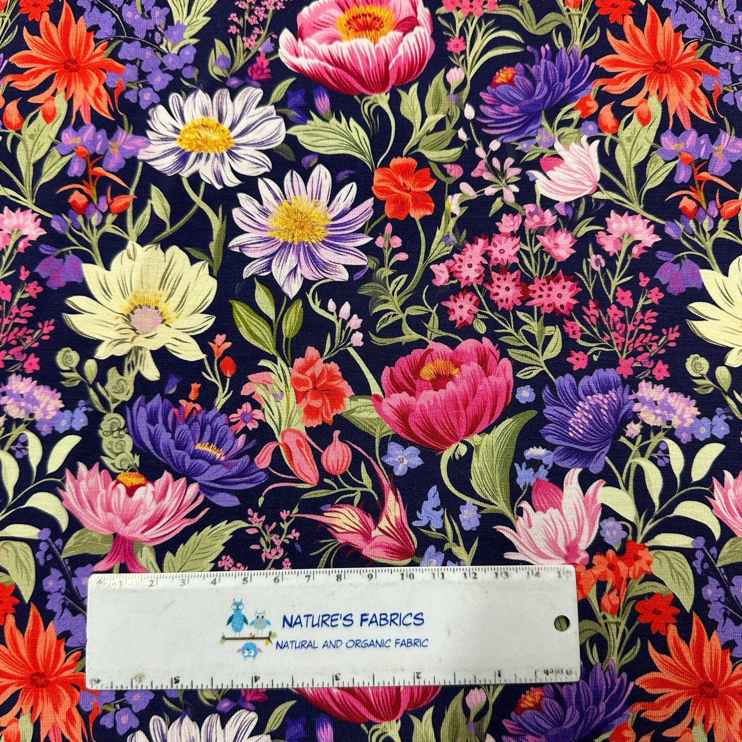 Pink and Purple Flowers on Organic Cotton/Spandex Jersey Fabric