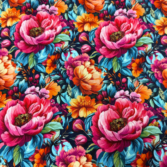 Vibrant Peonies on Bamboo/Spandex Jersey Fabric