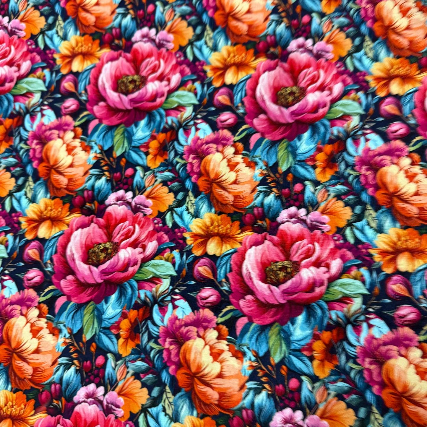 Vibrant Peonies on Bamboo/Spandex Jersey Fabric