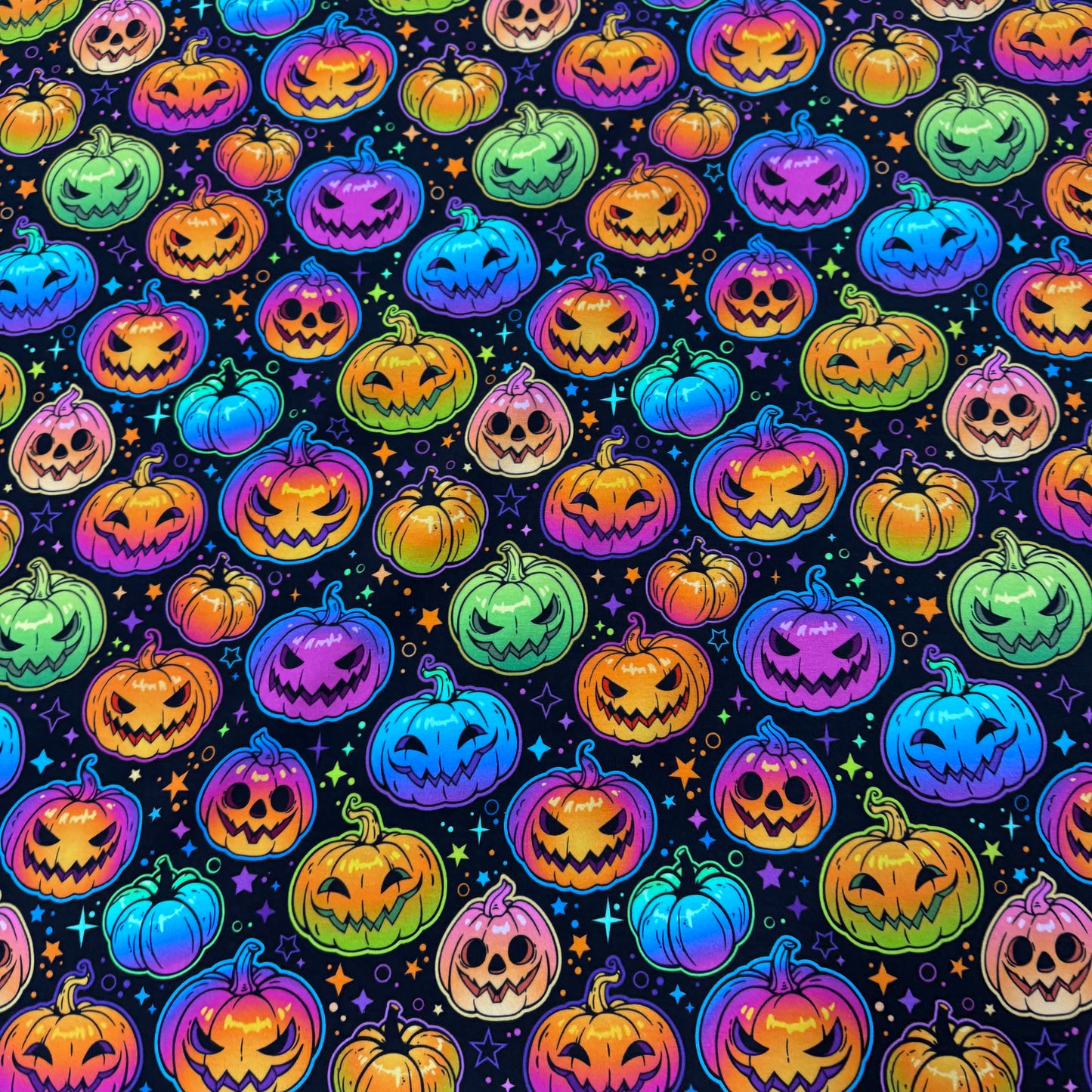 Rainbow Pumpkins and Stars on Bamboo/Spandex Jersey Fabric