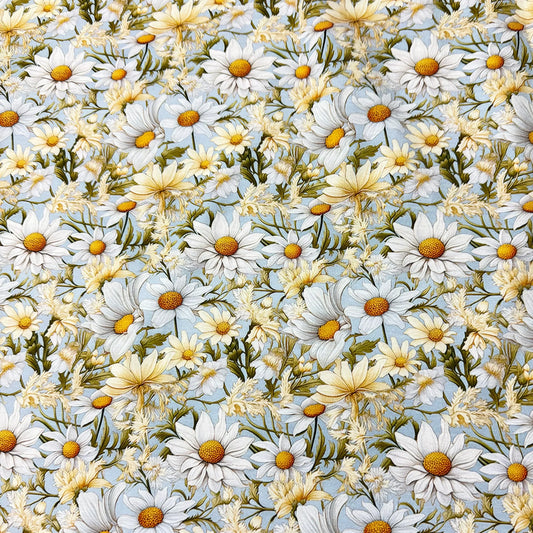 Nature's Fabrics white and yellow daisy floral print fabric on a light blue background