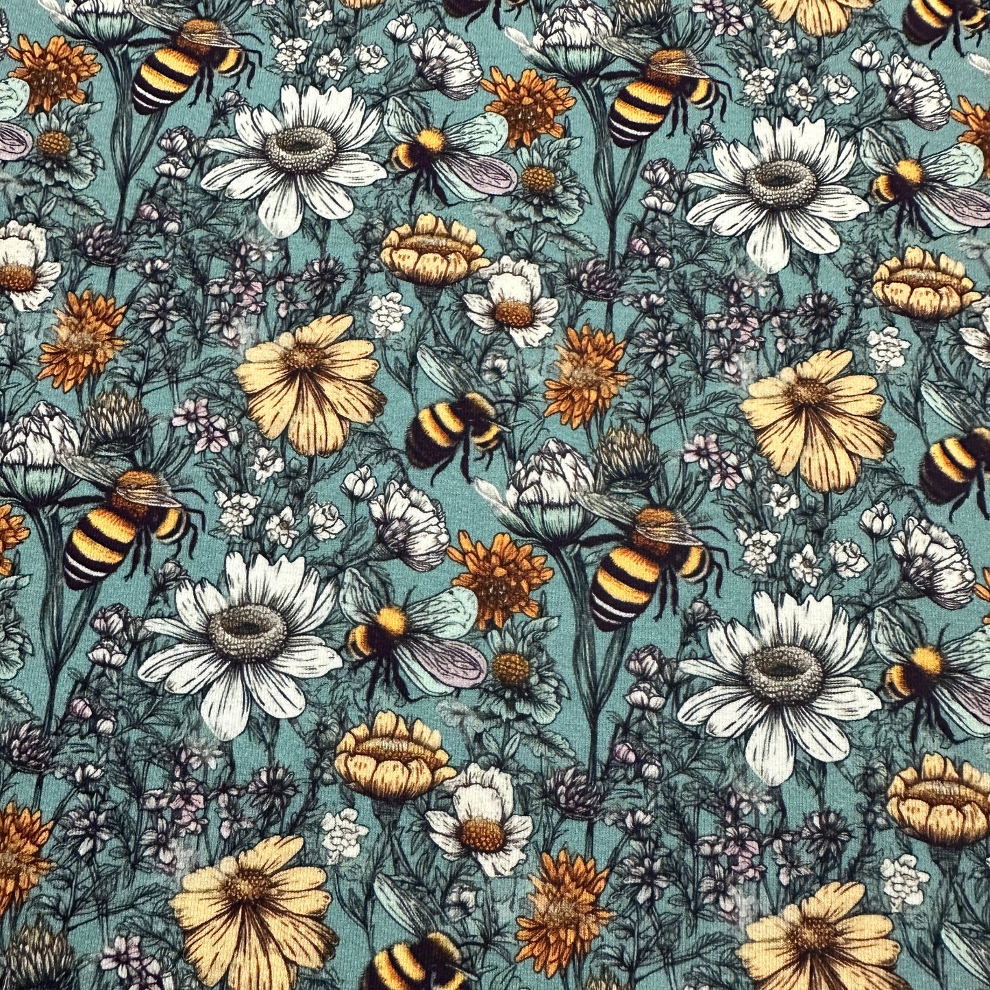 Pen and Ink Bee Garden on Bamboo Stretch French Terry Fabric