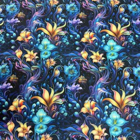 Nature's Fabrics floral print fabric with blue and gold iridescent botanical patterns