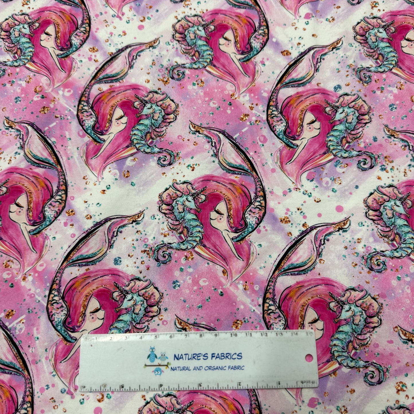 Mermaid and her Seahorse on Cotton/Spandex Jersey Fabric
