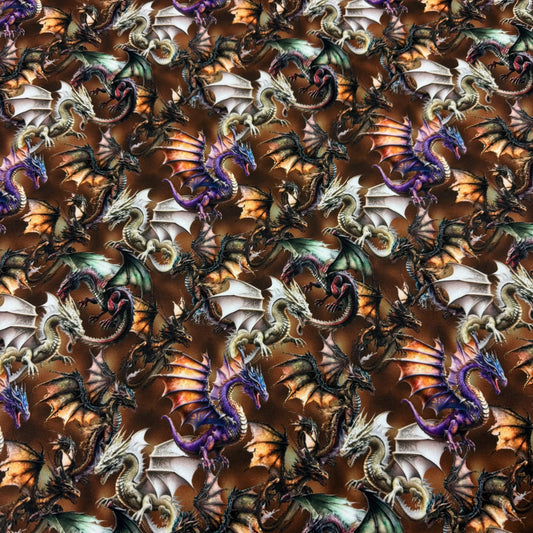 Nature's Fabrics multicolored fantasy dragon print on brown background