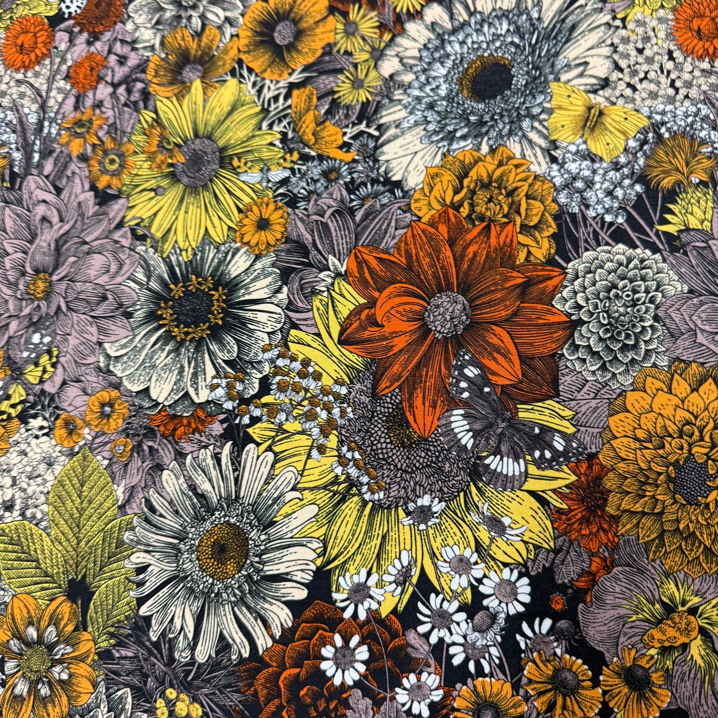 Pen and Ink Fall Flowers on Organic Cotton/Spandex Jersey Fabric