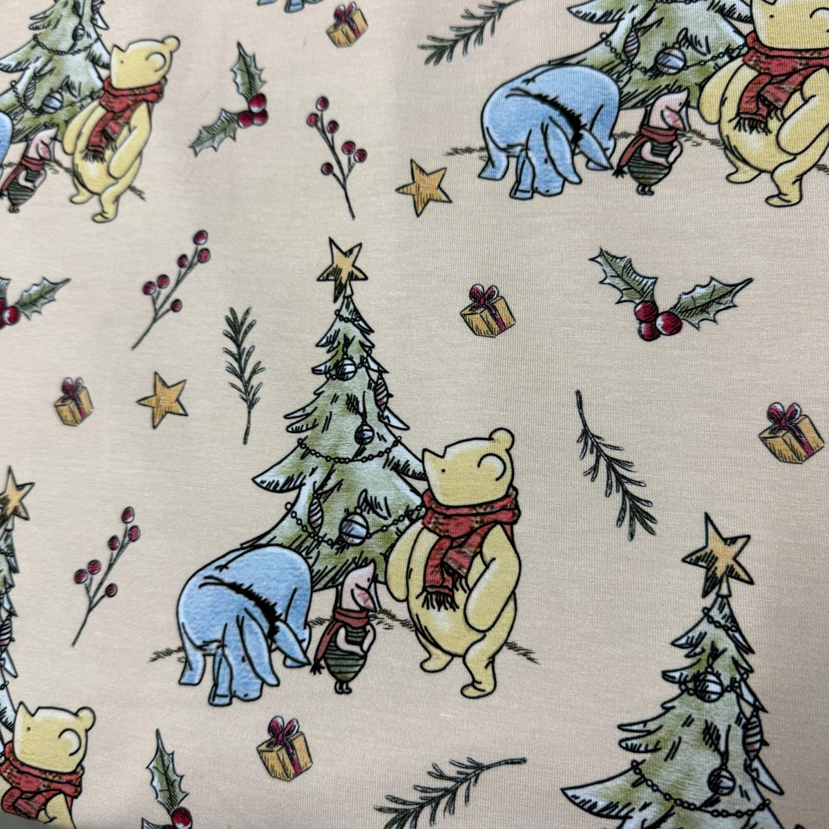 Winnie the Pooh Christmas on Tan Bamboo Stretch French Terry Fabric