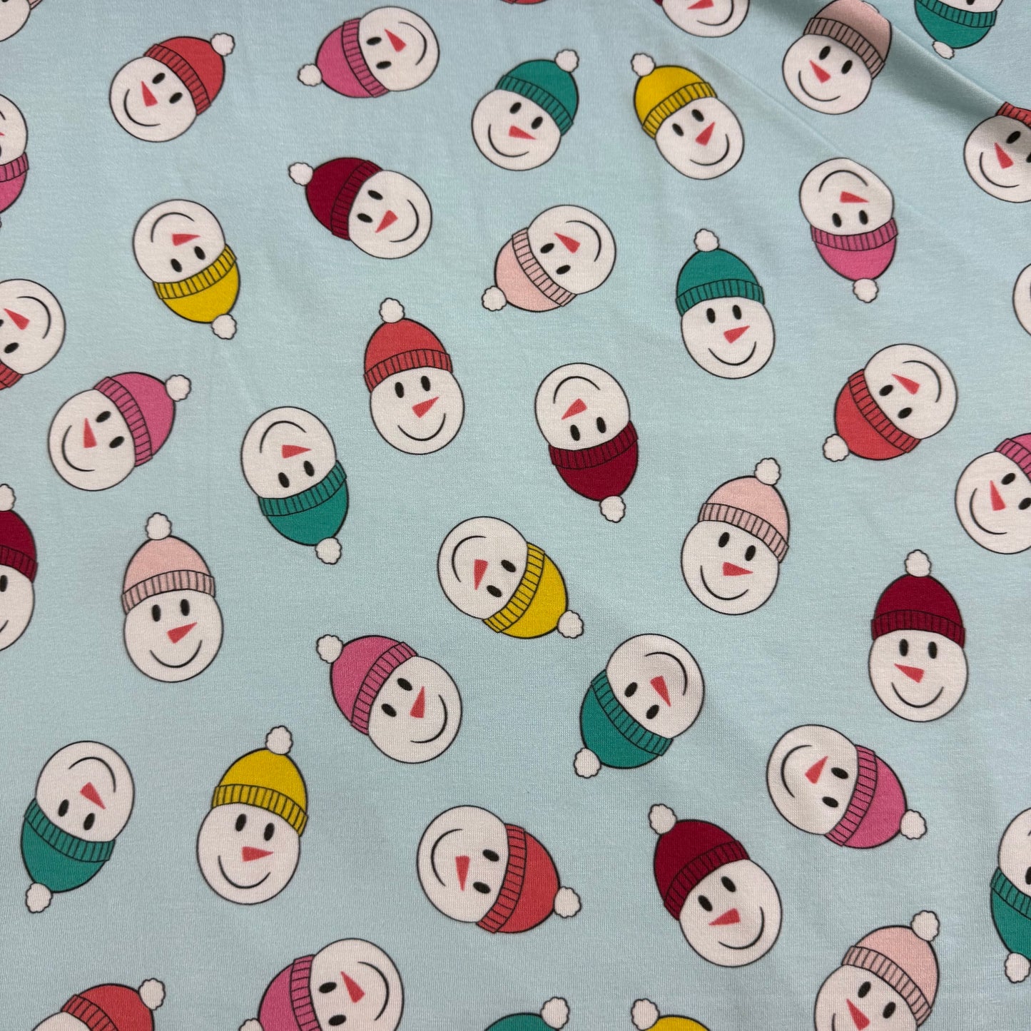 Snowmen in Hats on Blue Bamboo/Spandex Jersey Fabric - Printed in the USA