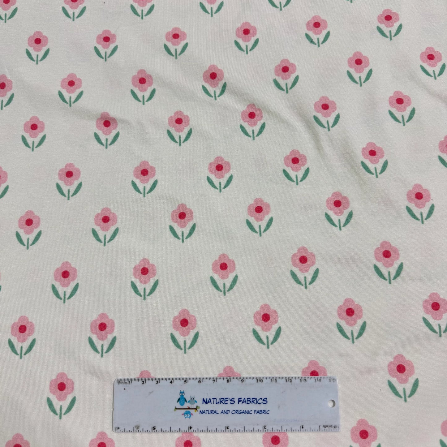 Pink Daisies on Off White Bamboo/Spandex Jersey Fabric - Printed in the USA