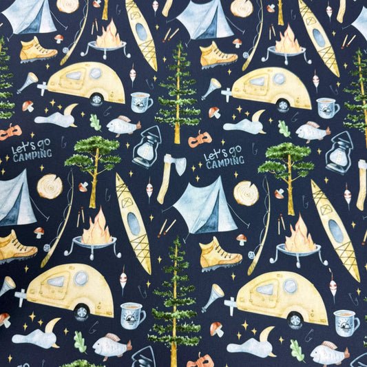 Nature's Fabrics camping themed pattern fabric with trailers, tents, and campfires
