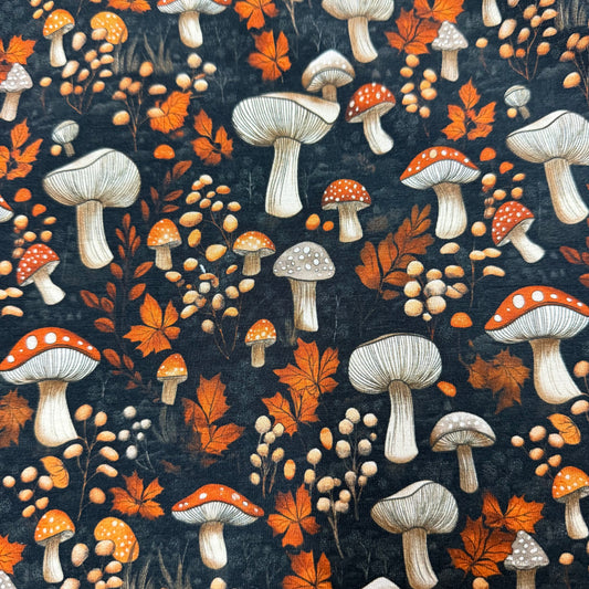 Fall Toadstools on Bamboo/Spandex Jersey Fabric