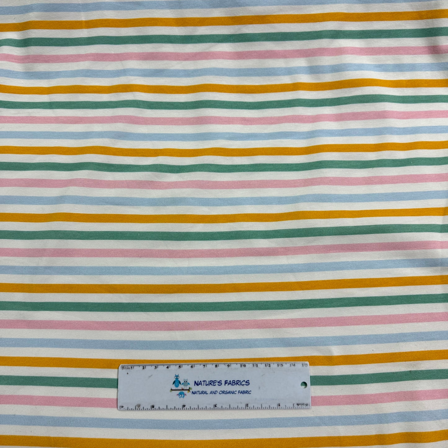 Teal and Gold Stripe on Off White Bamboo/Spandex Jersey Fabric - Printed in the USA