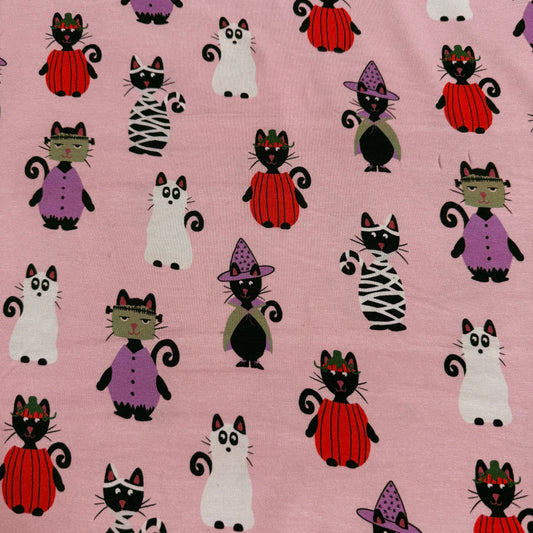 Cats in Costumes on Pink Bamboo/Spandex Jersey Fabric - 200GSM